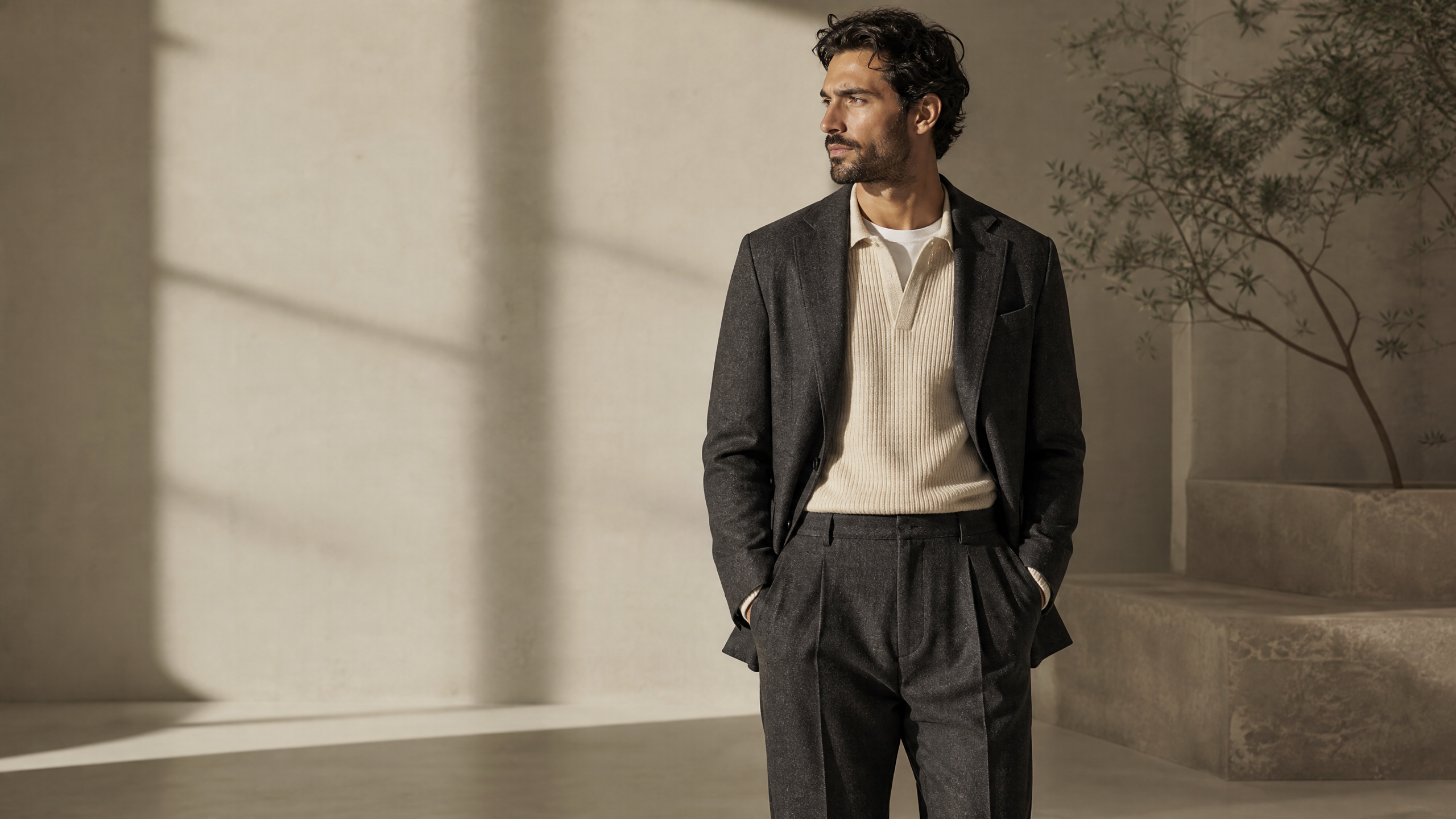 Model wearing a charcoal tailored look in a sunlit studio