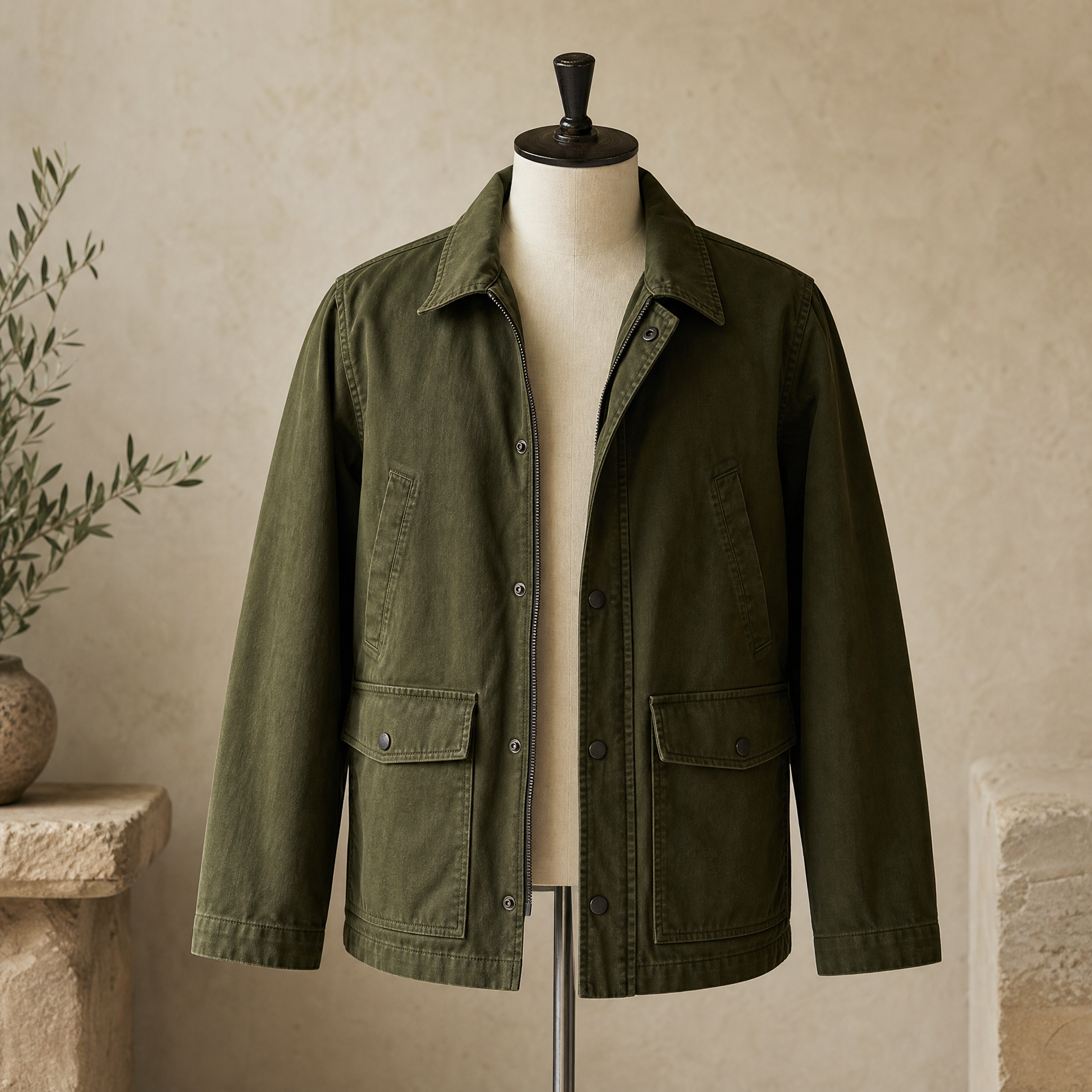 Deep olive utility jacket on a clothing form
