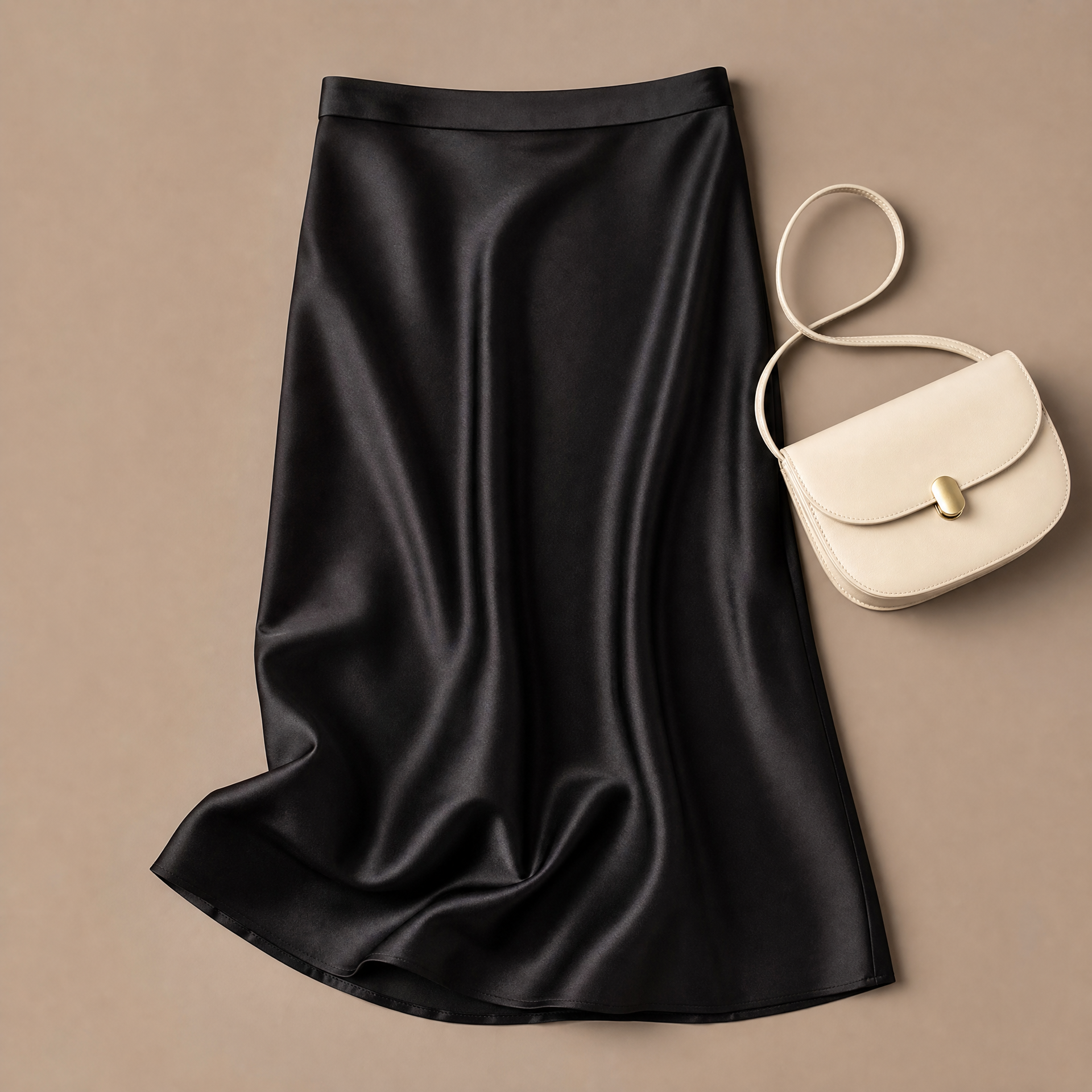 Black satin midi skirt with cream bag